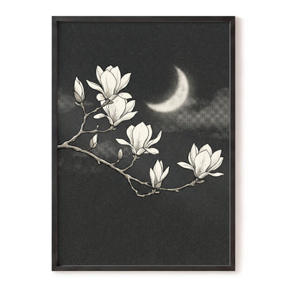 Magnolia Moon, black, beige, white floral wall art, front artwork view