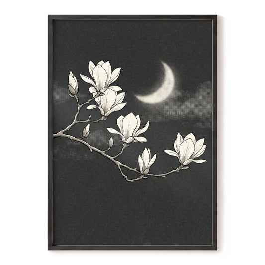Magnolia Moon, black, beige, white floral wall art, front artwork view