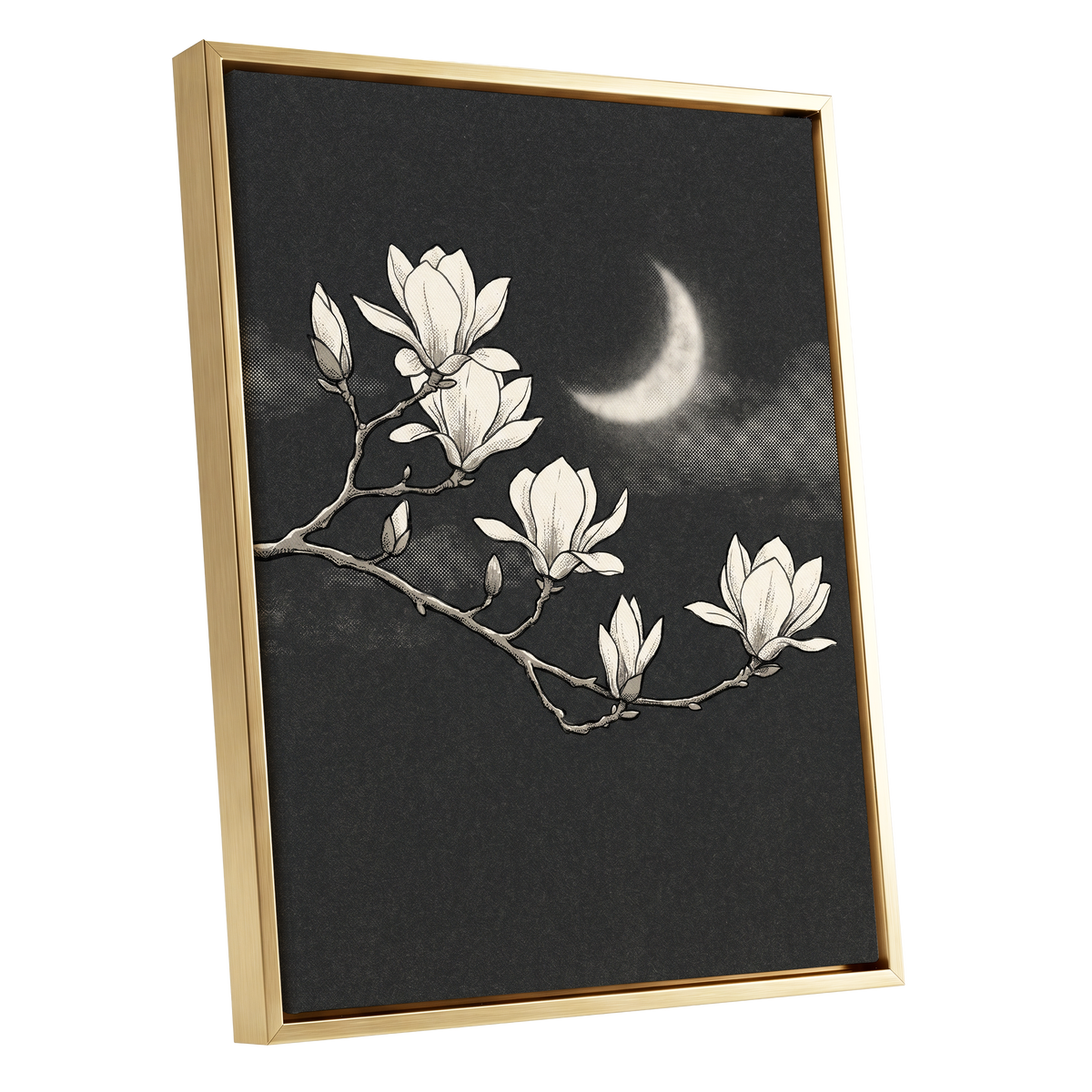 Magnolia Moon, black, beige, white floral wall art shown as a gold framed canvas wall art