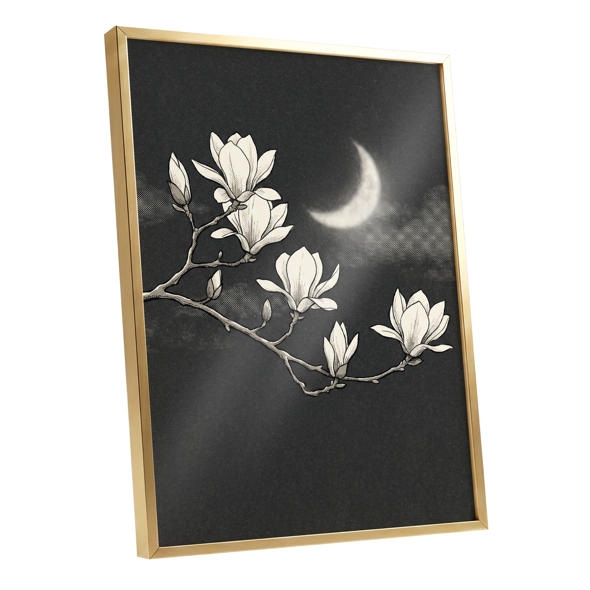 Magnolia Moon, black, beige, white floral wall art shown as a gold framed poster wall art print