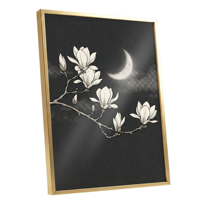 Magnolia Moon, black, beige, white floral wall art shown as a gold framed poster wall art print