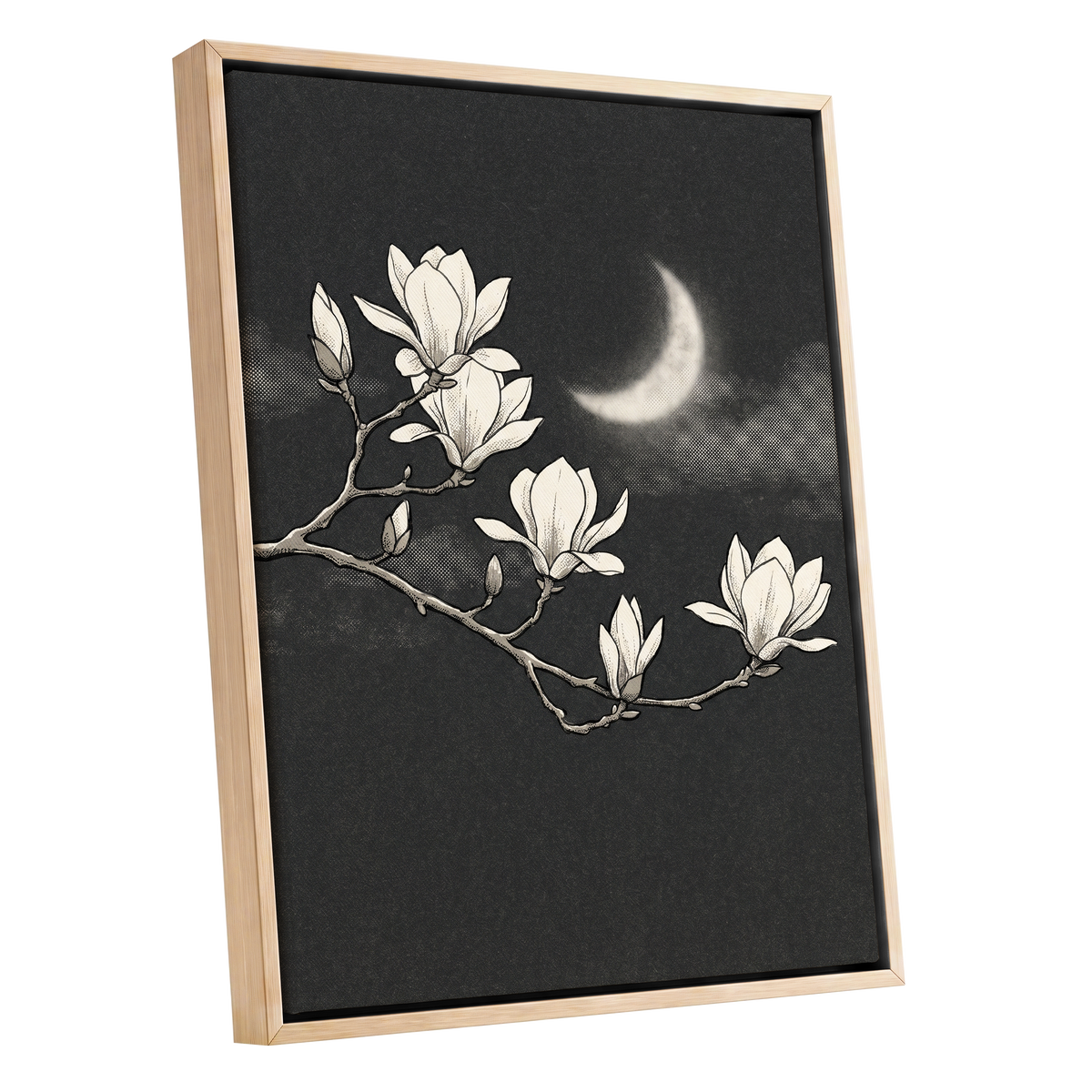Magnolia Moon, black, beige, white floral wall art shown as a oak framed canvas wall art