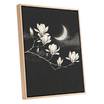 Magnolia Moon, black, beige, white floral wall art shown as a oak framed canvas wall art