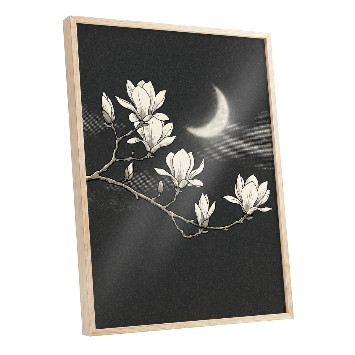 Magnolia Moon, black, beige, white floral wall art shown as a oak framed poster wall art print