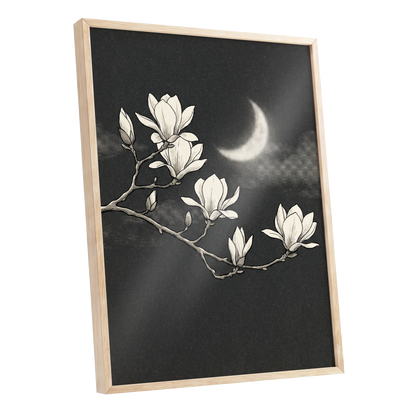 Magnolia Moon, black, beige, white floral wall art shown as a oak framed poster wall art print
