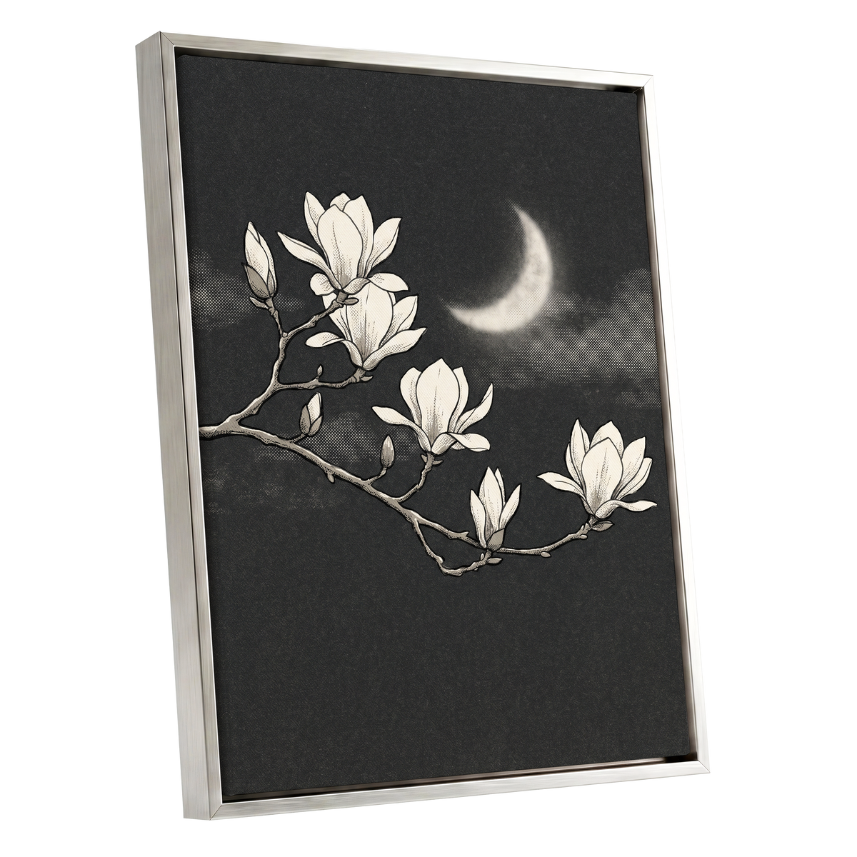 Magnolia Moon, black, beige, white floral wall art shown as a silver framed canvas wall art
