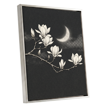 Magnolia Moon, black, beige, white floral wall art shown as a silver framed canvas wall art