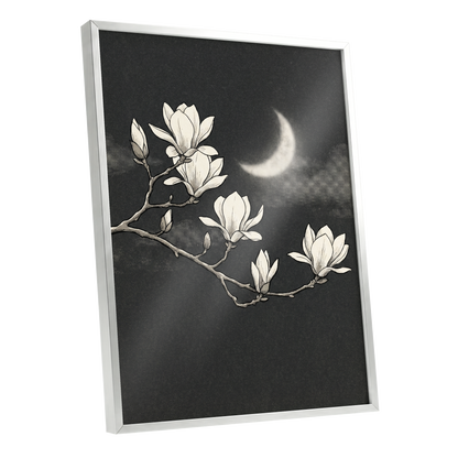Magnolia Moon, black, beige, white floral wall art shown as a silver framed poster wall art print