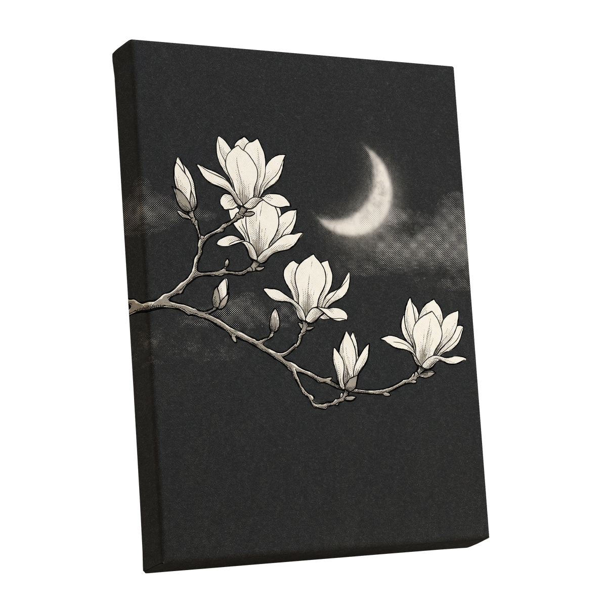 Magnolia Moon, black, beige, white floral wall art shown as a stretched canvas wall art