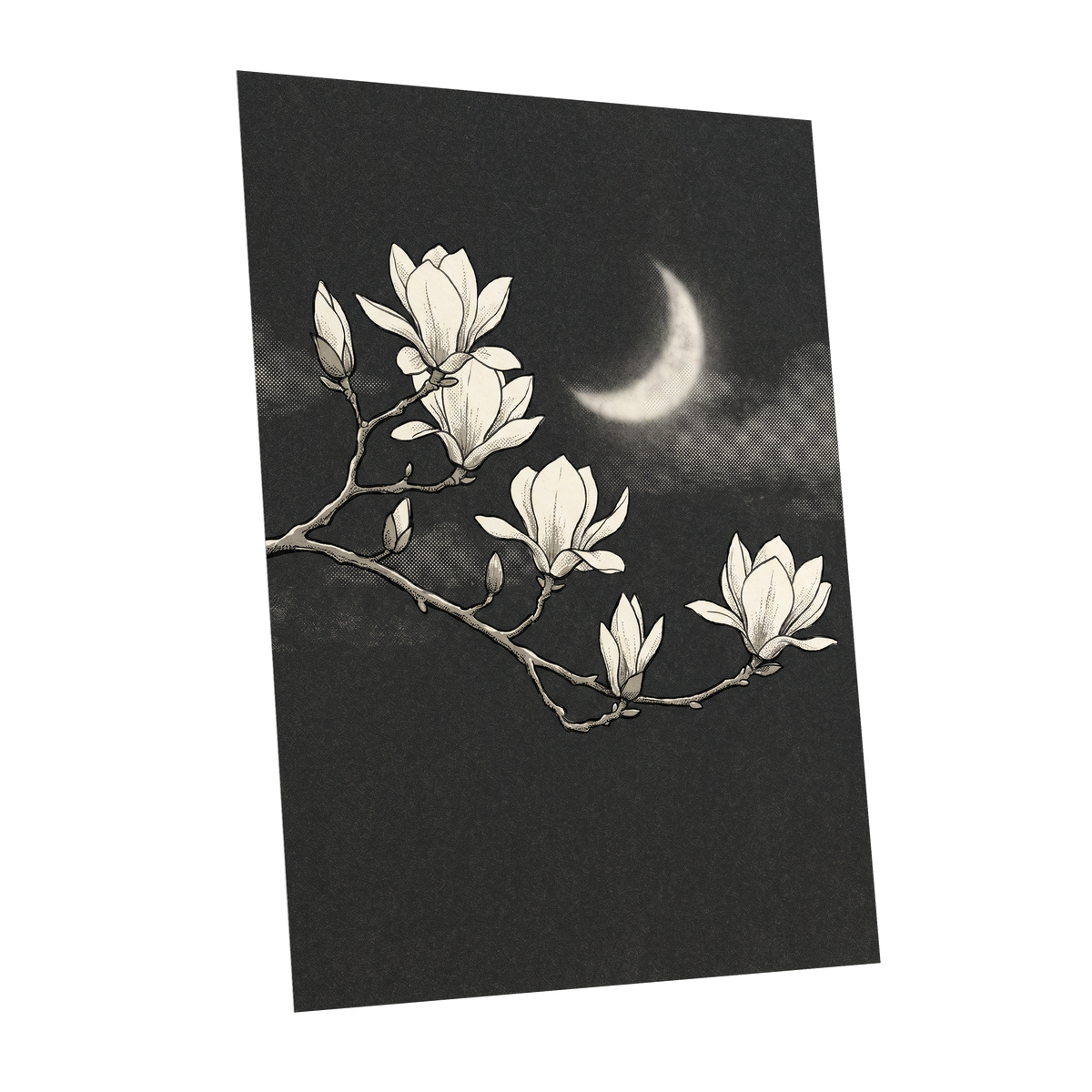 Magnolia Moon, black, beige, white floral wall art shown as a unframed poster wall art print