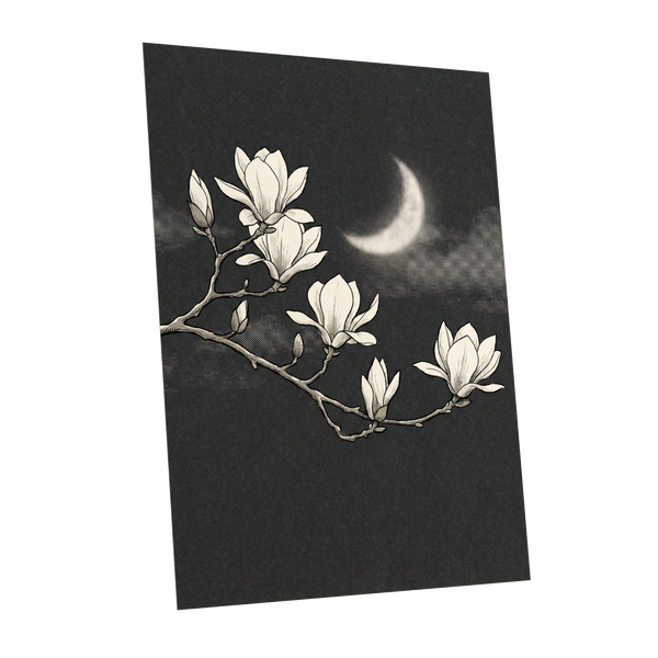 Magnolia Moon, black, beige, white floral wall art shown as a unframed poster wall art print