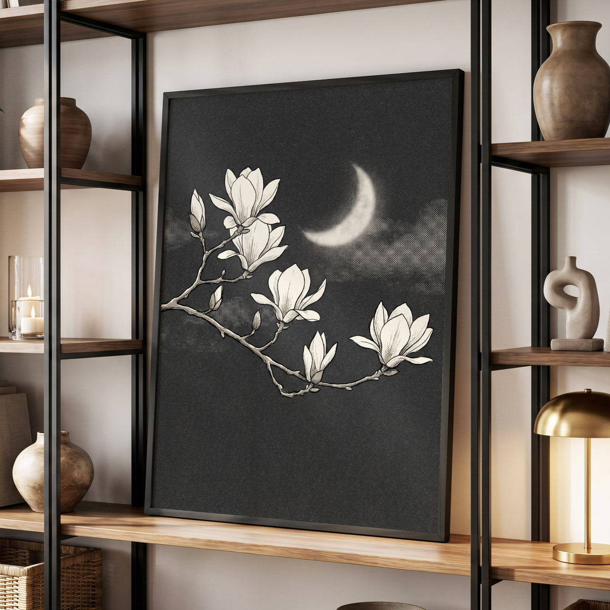 Magnolia Moon, black, beige, white floral wall art displayed in a styled interior, gallery view 2