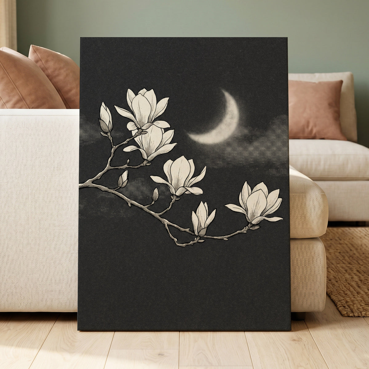 Magnolia Moon, black, beige, white floral wall art displayed in a styled interior, gallery view 3