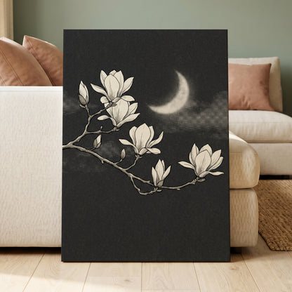 Magnolia Moon, black, beige, white floral wall art displayed in a styled interior, gallery view 3