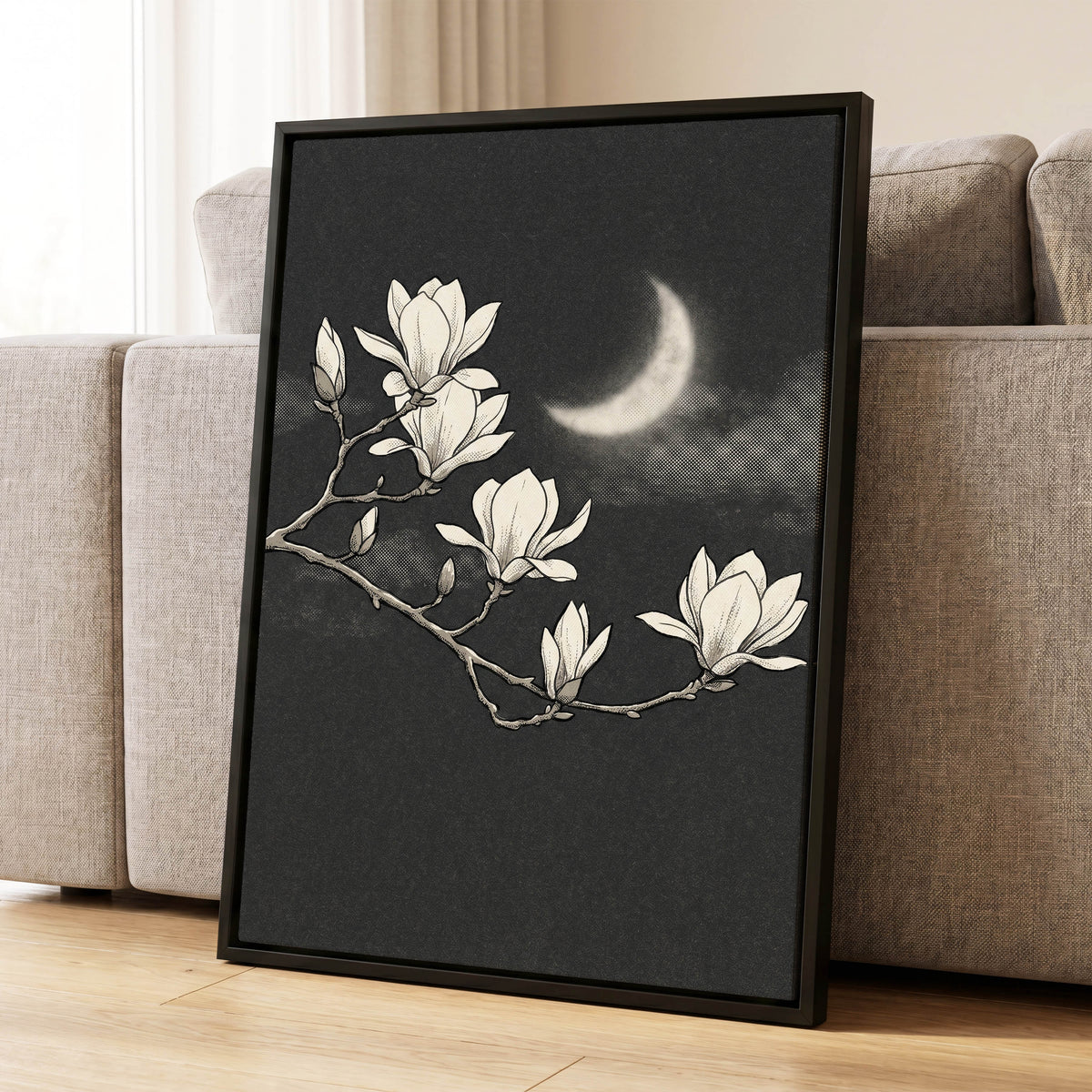 Magnolia Moon, black, beige, white floral wall art displayed in a styled interior, gallery view 4