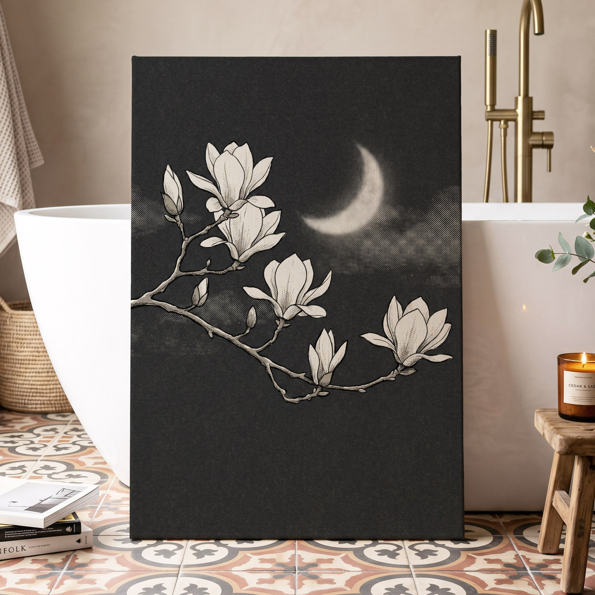 Magnolia Moon, black, beige, white floral wall art displayed in a styled interior, gallery view 7
