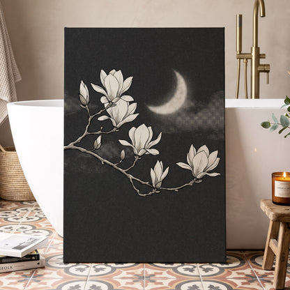 Magnolia Moon, black, beige, white floral wall art displayed in a styled interior, gallery view 7