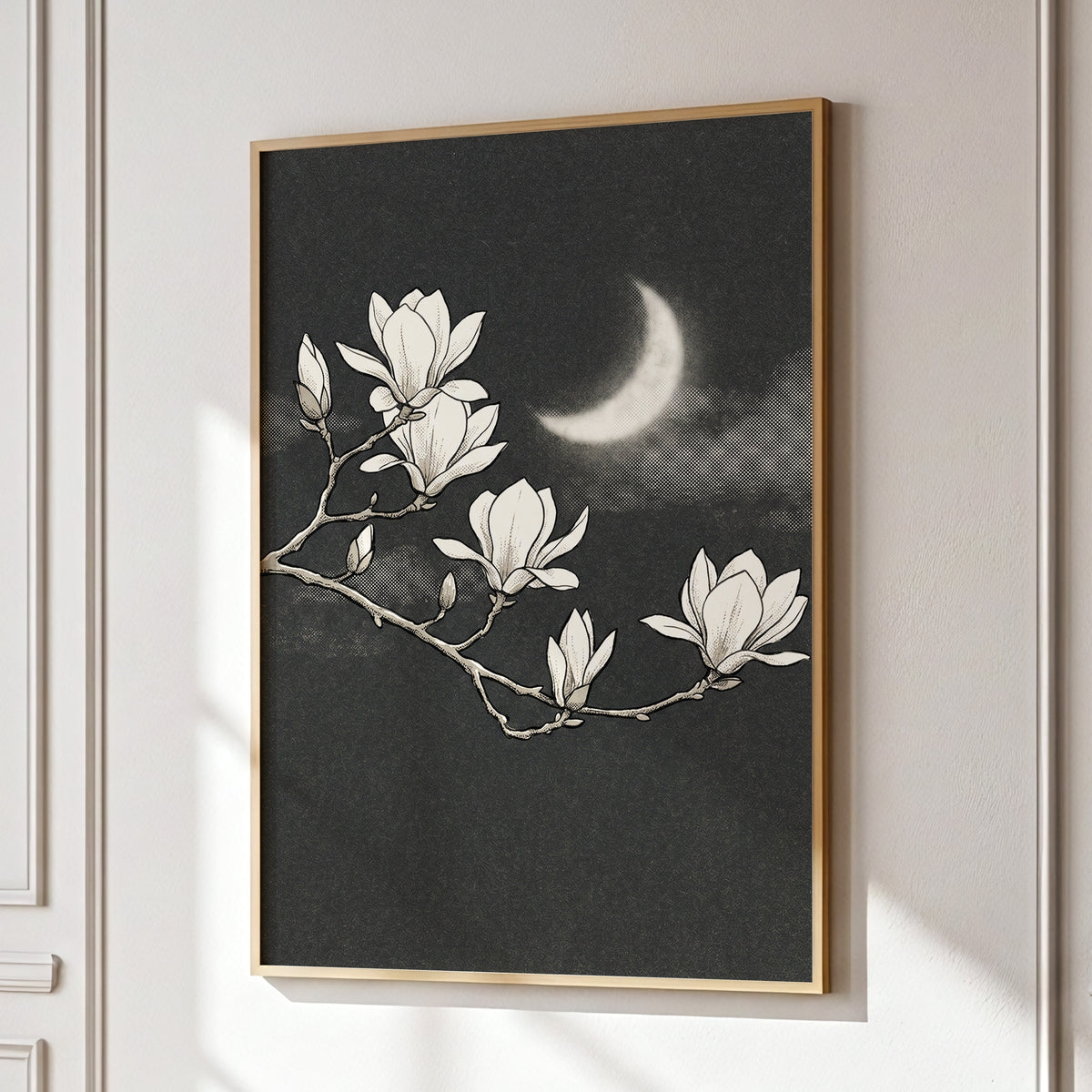 Magnolia Moon, black, beige, white floral wall art displayed in a styled interior, gallery view 9