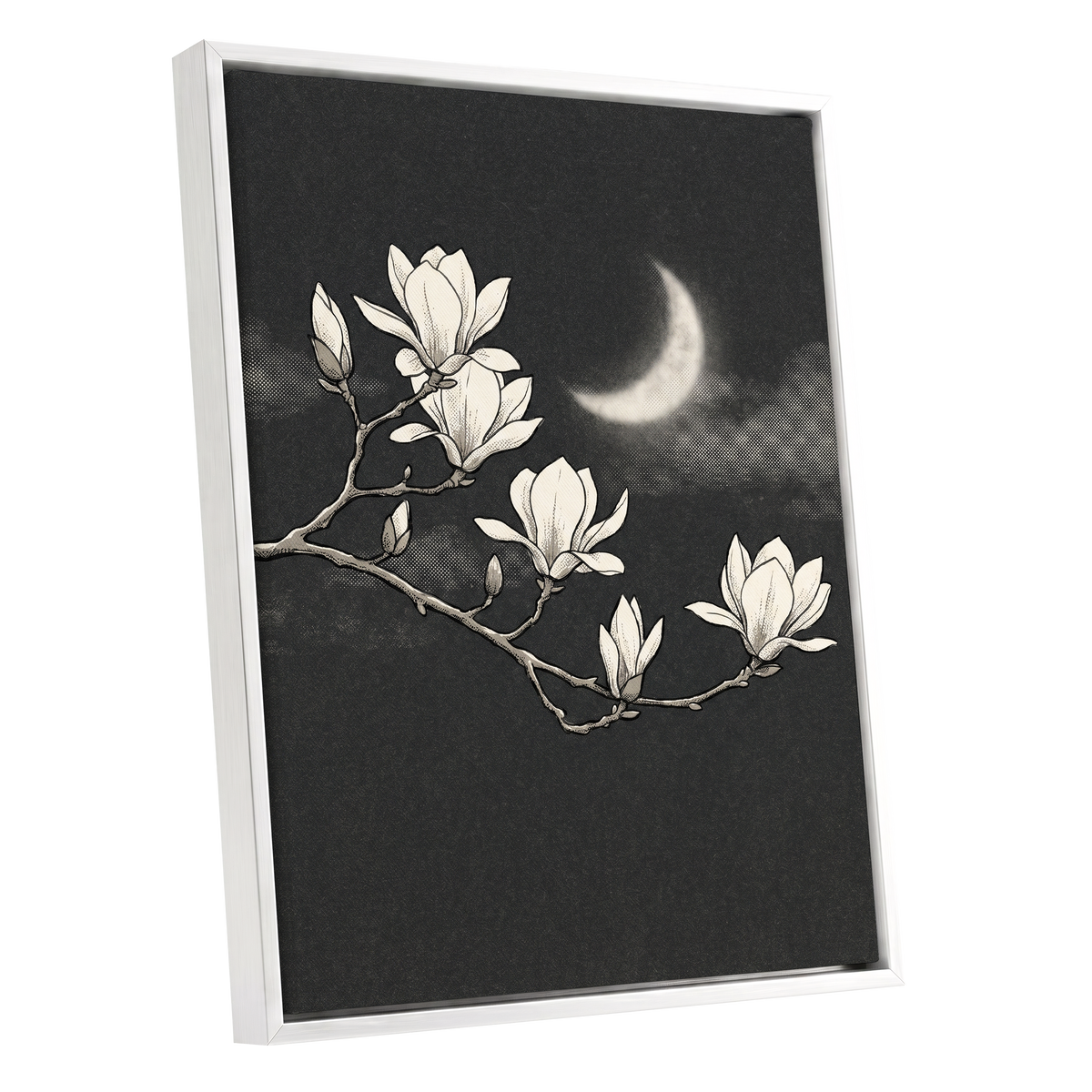 Magnolia Moon, black, beige, white floral wall art shown as a white framed canvas wall art