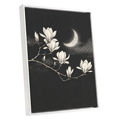 Magnolia Moon, black, beige, white floral wall art shown as a white framed canvas wall art