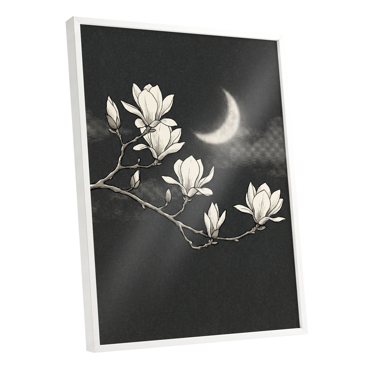 Magnolia Moon, black, beige, white floral wall art shown as a white framed poster wall art print