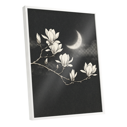 Magnolia Moon, black, beige, white floral wall art shown as a white framed poster wall art print