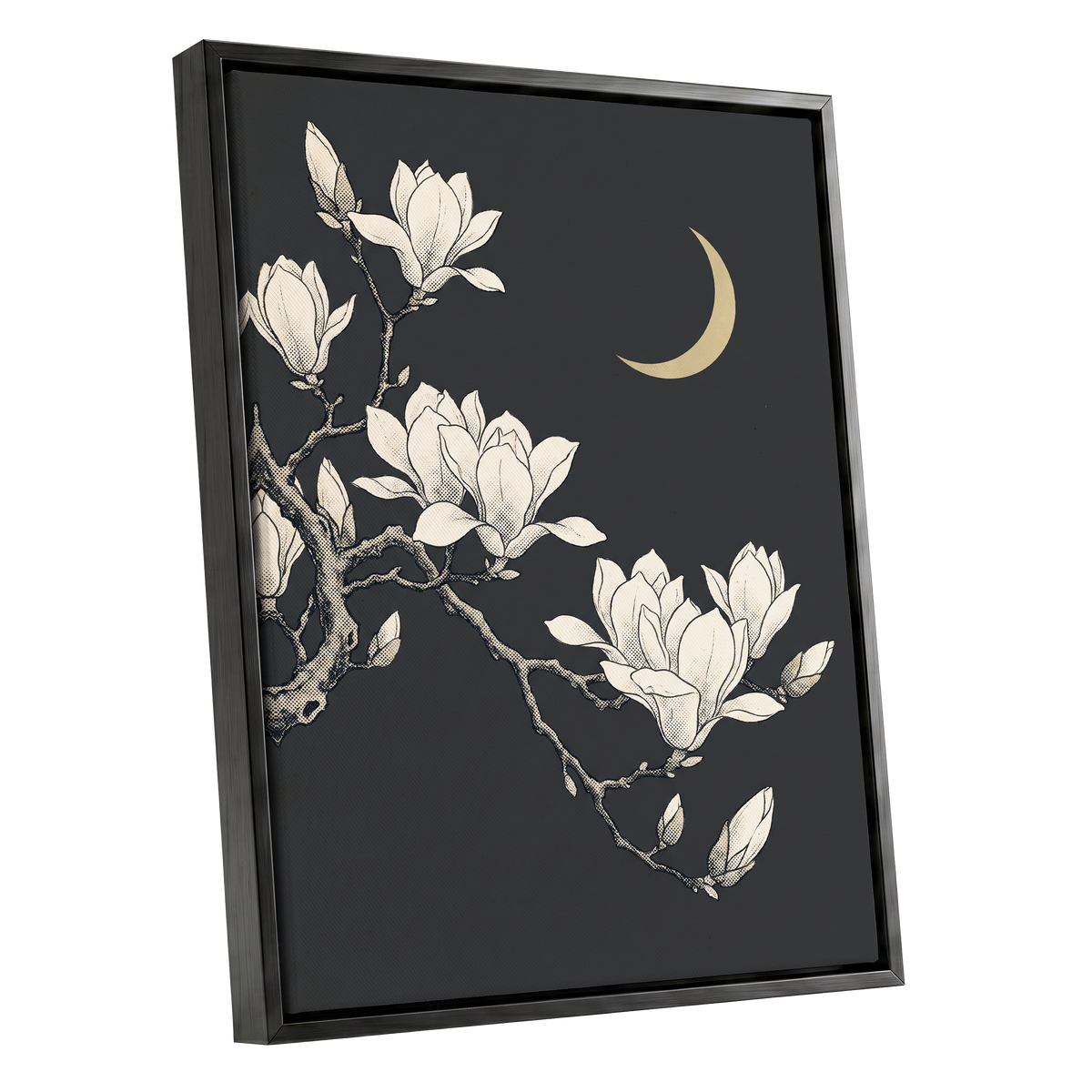 Magnolia Moonlight, gray, beige, black floral wall art shown as a black framed canvas wall art
