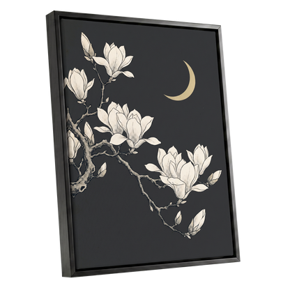 Magnolia Moonlight, gray, beige, black floral wall art shown as a black framed canvas wall art
