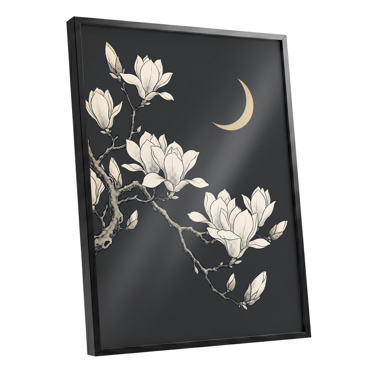 Magnolia Moonlight, gray, beige, black floral wall art shown as a black framed poster wall art print