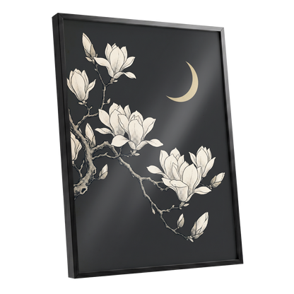 Magnolia Moonlight, gray, beige, black floral wall art shown as a black framed poster wall art print