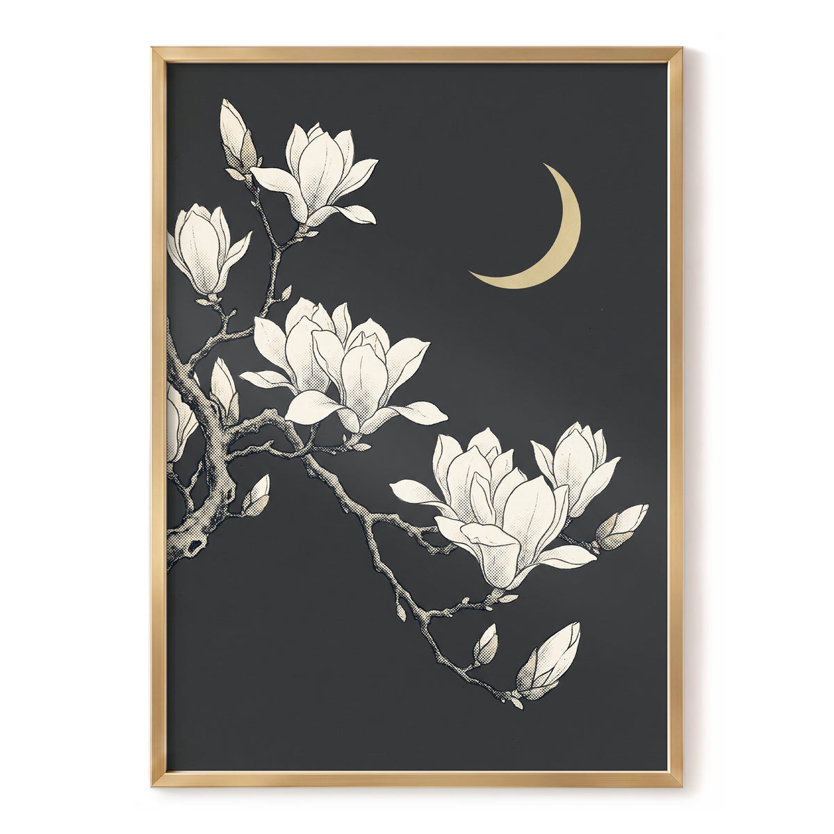 Magnolia Moonlight, gray, beige, black floral wall art, front artwork view