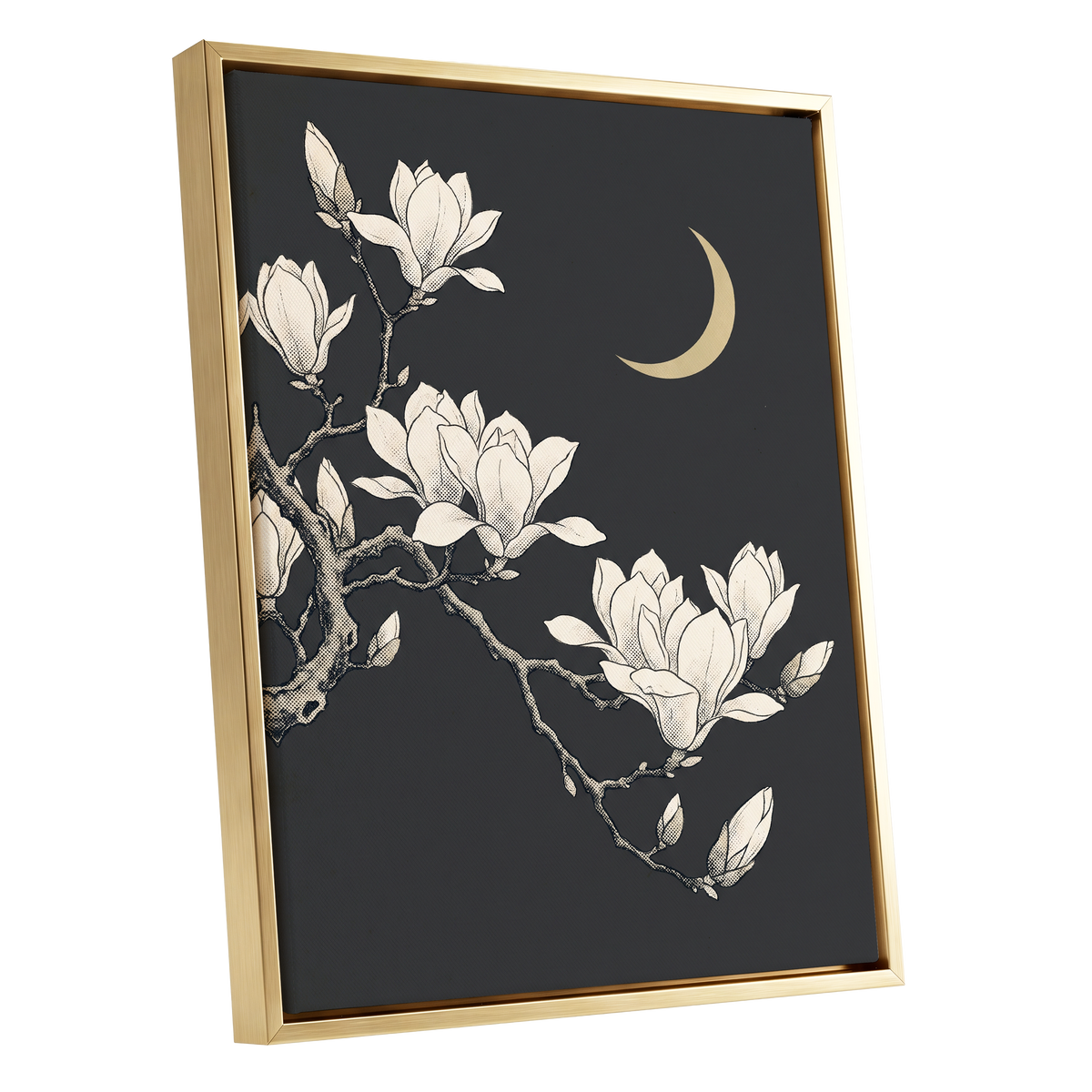 Magnolia Moonlight, gray, beige, black floral wall art shown as a gold framed canvas wall art