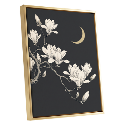 Magnolia Moonlight, gray, beige, black floral wall art shown as a gold framed canvas wall art