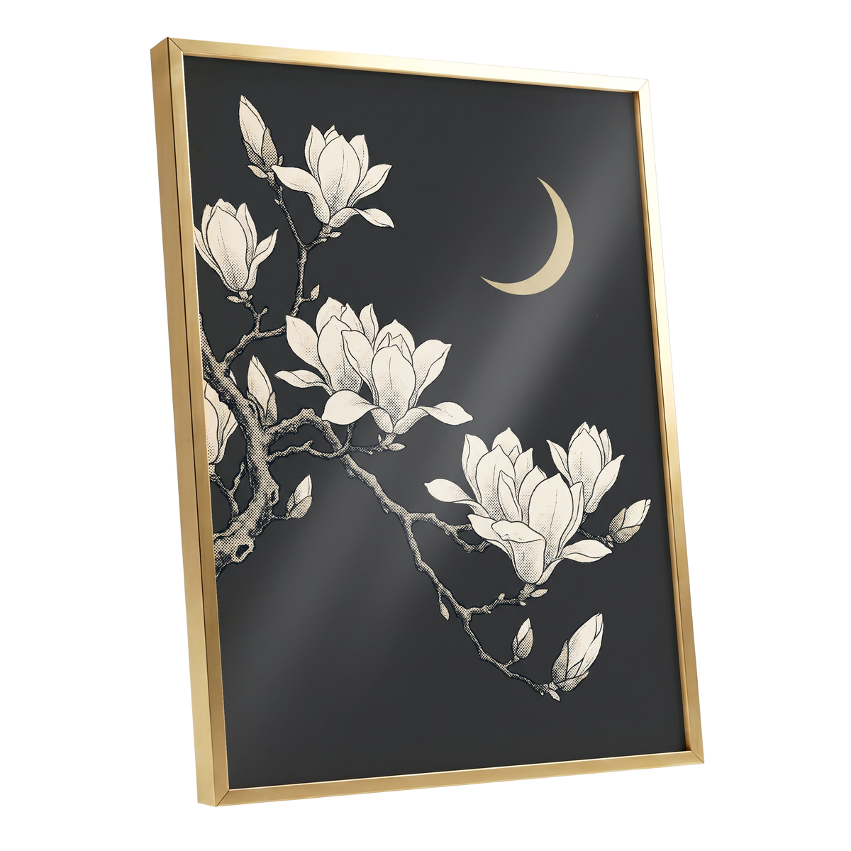 Magnolia Moonlight, gray, beige, black floral wall art shown as a gold framed poster wall art print