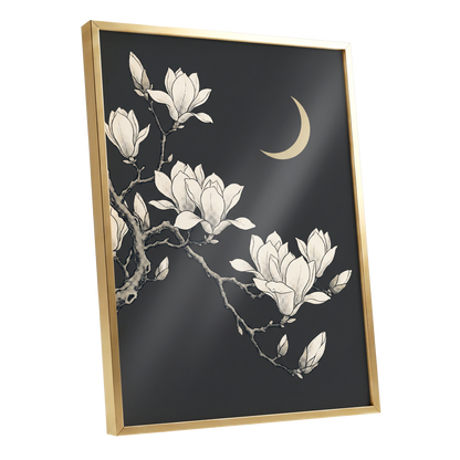 Magnolia Moonlight, gray, beige, black floral wall art shown as a gold framed poster wall art print