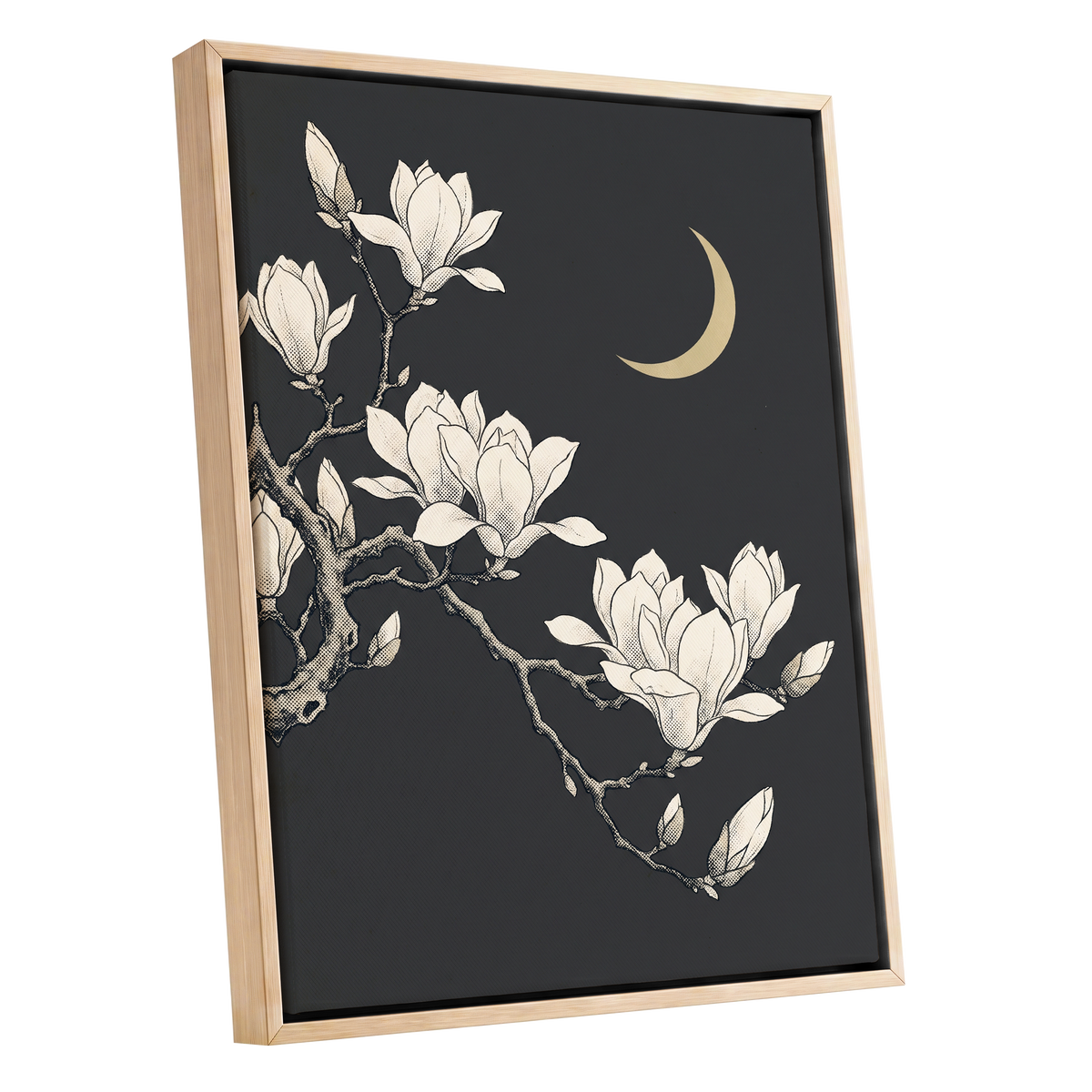 Magnolia Moonlight, gray, beige, black floral wall art shown as a oak framed canvas wall art