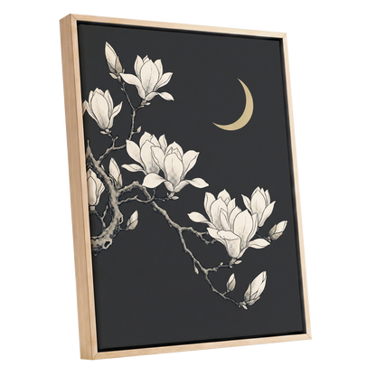 Magnolia Moonlight, gray, beige, black floral wall art shown as a oak framed canvas wall art
