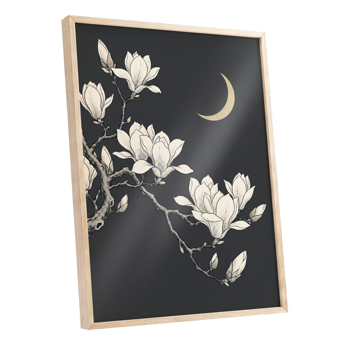 Magnolia Moonlight, gray, beige, black floral wall art shown as a oak framed poster wall art print