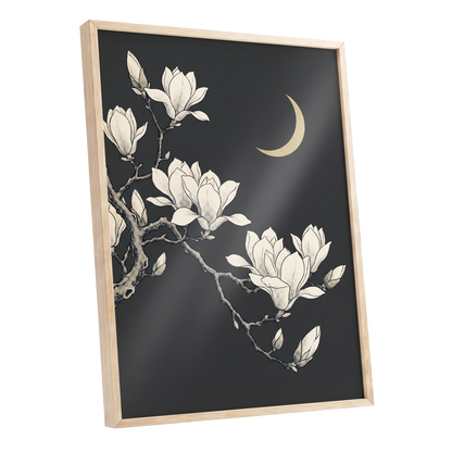 Magnolia Moonlight, gray, beige, black floral wall art shown as a oak framed poster wall art print