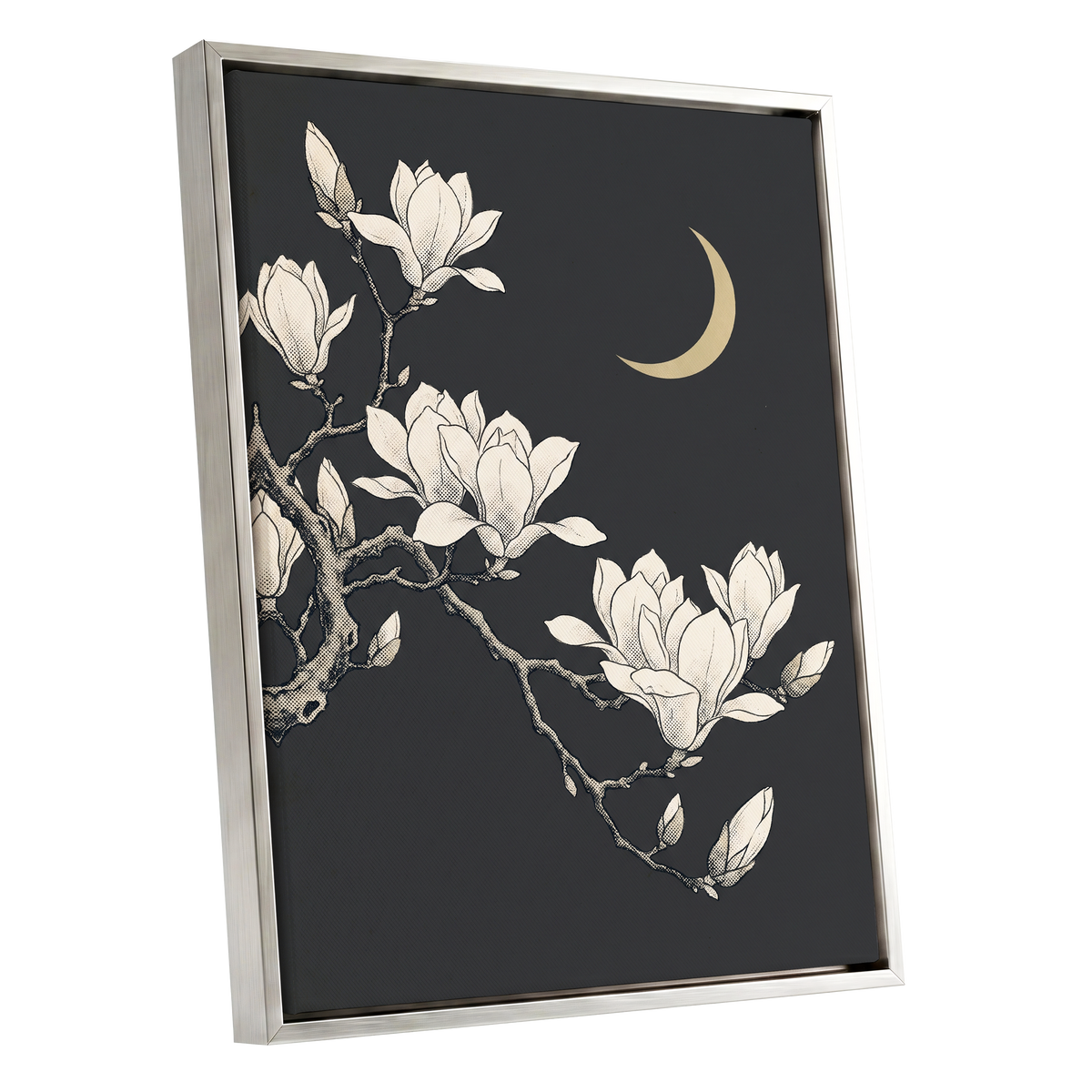 Magnolia Moonlight, gray, beige, black floral wall art shown as a silver framed canvas wall art