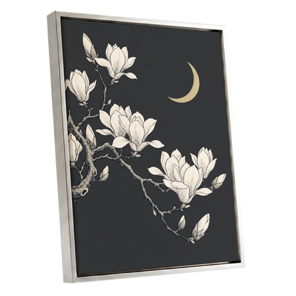 Magnolia Moonlight, gray, beige, black floral wall art shown as a silver framed canvas wall art