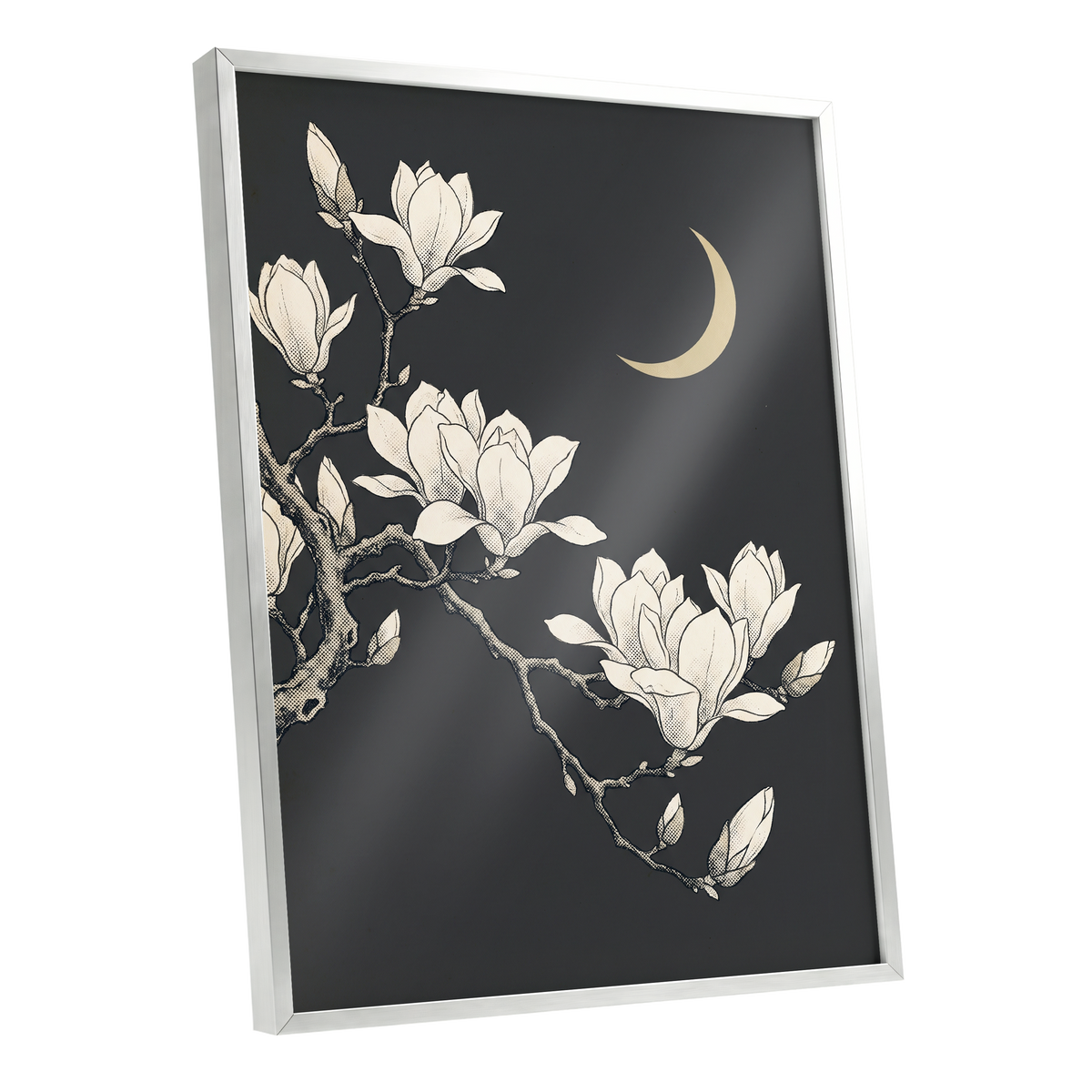Magnolia Moonlight, gray, beige, black floral wall art shown as a silver framed poster wall art print