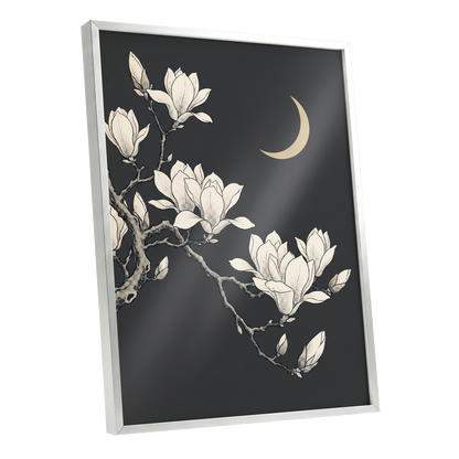 Magnolia Moonlight, gray, beige, black floral wall art shown as a silver framed poster wall art print