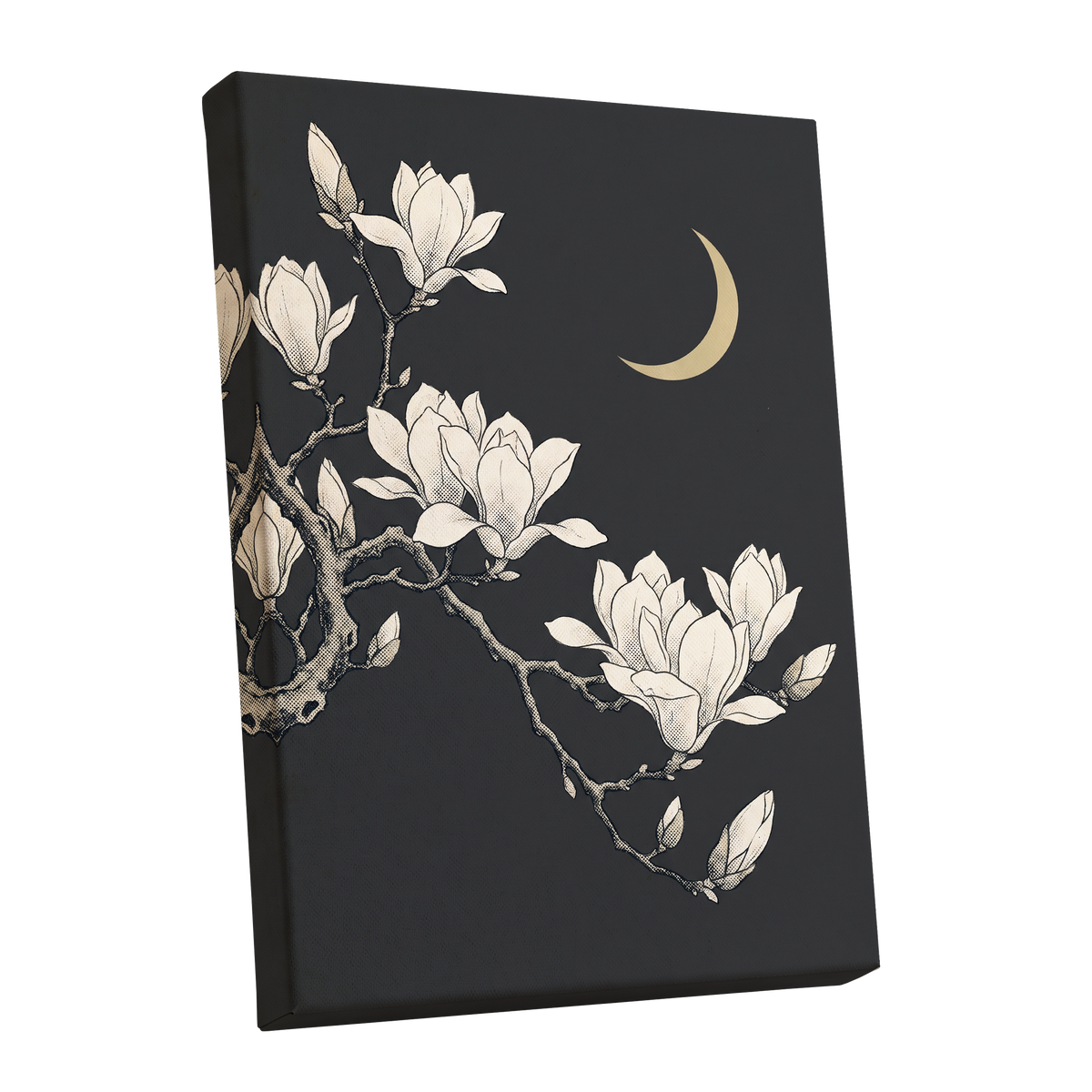 Magnolia Moonlight, gray, beige, black floral wall art shown as a stretched canvas wall art