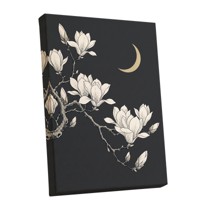Magnolia Moonlight, gray, beige, black floral wall art shown as a stretched canvas wall art