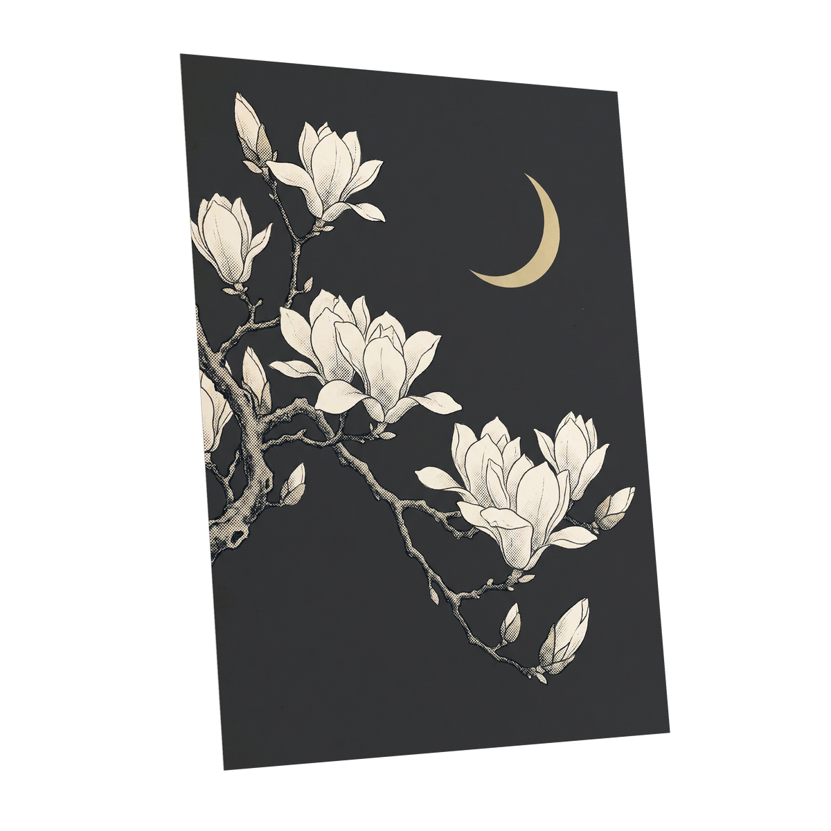 Magnolia Moonlight, gray, beige, black floral wall art shown as a unframed poster wall art print
