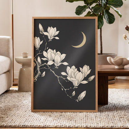 Magnolia Moonlight, gray, beige, black floral wall art displayed in a styled interior, gallery view 2