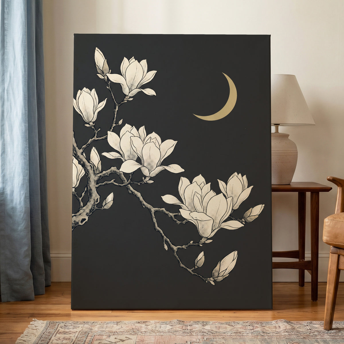 Magnolia Moonlight, gray, beige, black floral wall art displayed in a styled interior, gallery view 3