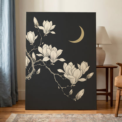 Magnolia Moonlight, gray, beige, black floral wall art displayed in a styled interior, gallery view 3