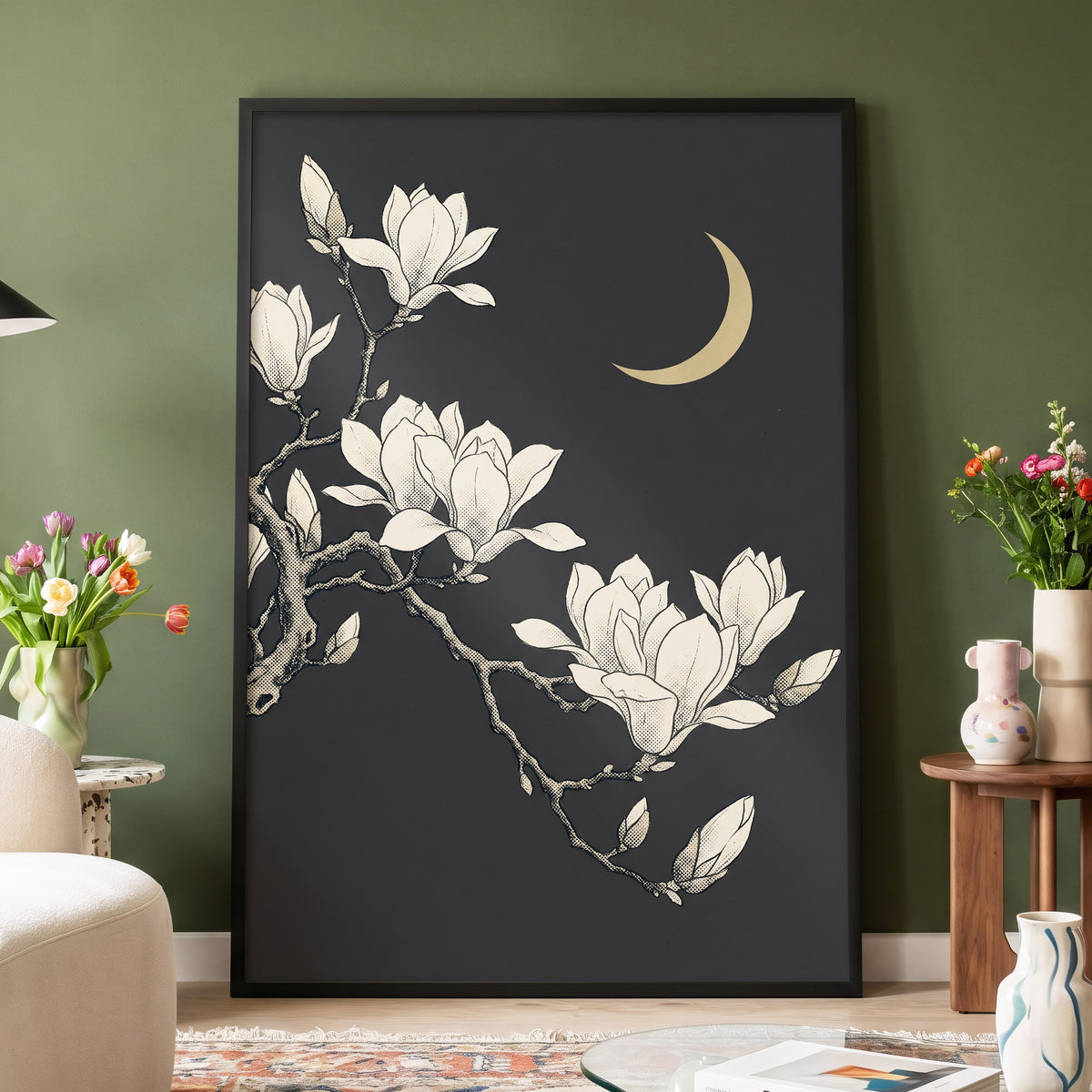 Magnolia Moonlight, gray, beige, black floral wall art displayed in a styled interior, gallery view 6